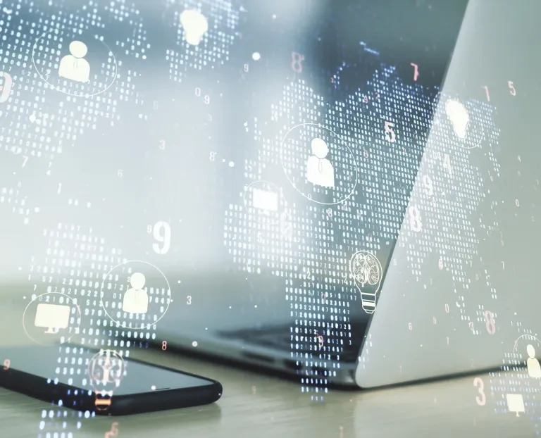 Critical vulnerabilities in ConnectWise ScreenConnect: CVE-2024-1708 and CVE-2024-1709. Close-up of a laptop overlayed with a graphic of a digital network